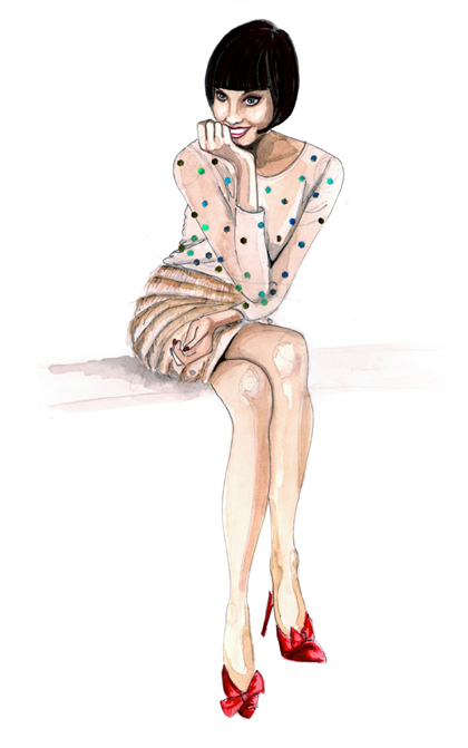 fashion illustration of woman sitting on a bar