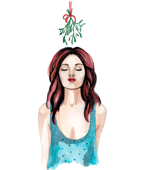 illustration of girl under mistletoe