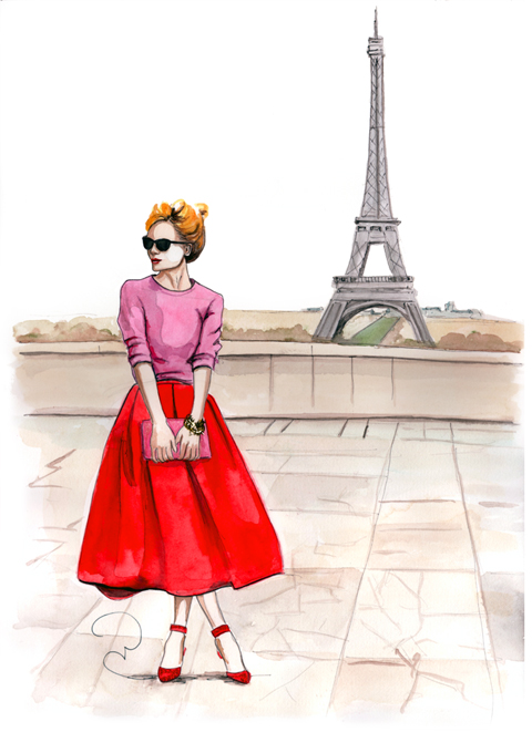 fashion model in front of eiffel tower paris