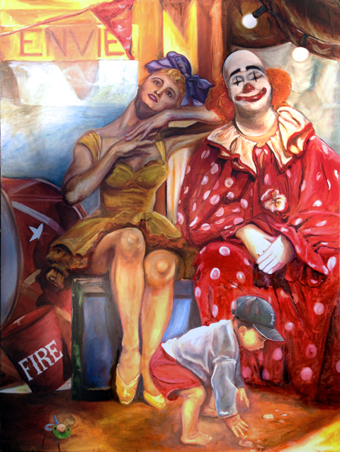 circus, baby, life, clown oil painting