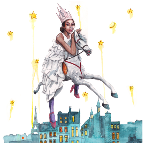 girl on a carousel horse over paris by tracy hetzel